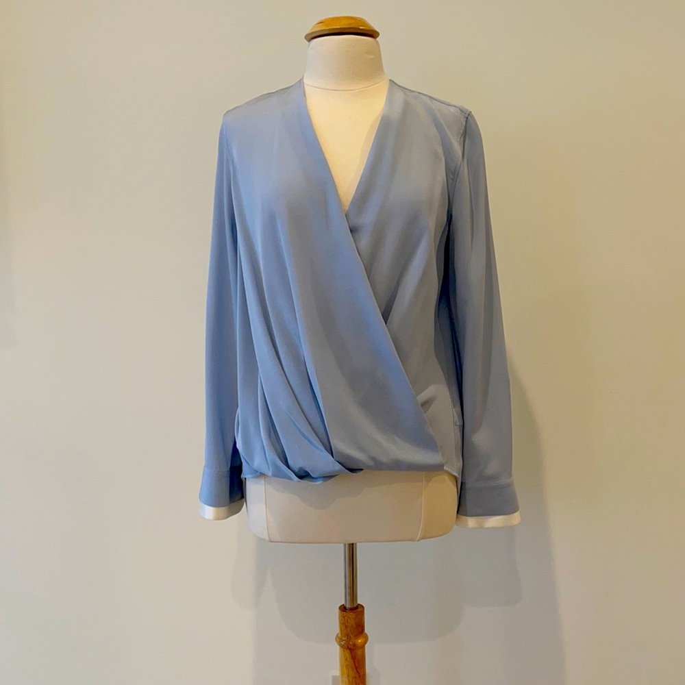 Silk Rag and bone shirt. Pale blue with white trim on sleeve edge.